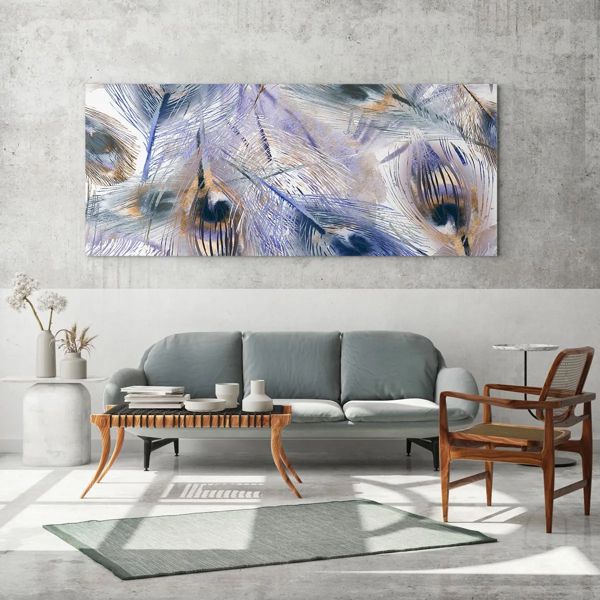 Glasbild - Bild auf glas - Ein Muster mit Pfauenfedern in Blau- und Goldtönen - 120x50cm - Pfau-Komposition - Moderne Wanddekoration für Wohnzimmer und Schlafzimmer ARTTOR