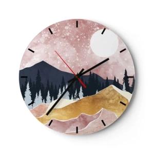 Wanduhr - Glasuhr - Künstlerische Berglandschaft in Pastellfarben mit Wald und Mond. - 30x30cm - Nachtwache - Moderne Wanddekoration für Wohnzimmer, Küche und Schlafzimmer ARTTOR