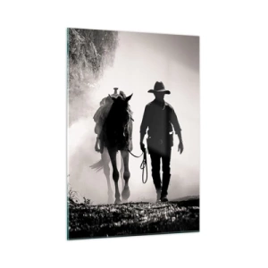 Glasbild - Bild auf glas - Silhouette eines Cowboys, der ein Pferd durch eine neblige Landschaft führt - 50x70cm - Texas-Morgen - Moderne Wanddekoration für Wohnzimmer und Schlafzimmer ARTTOR