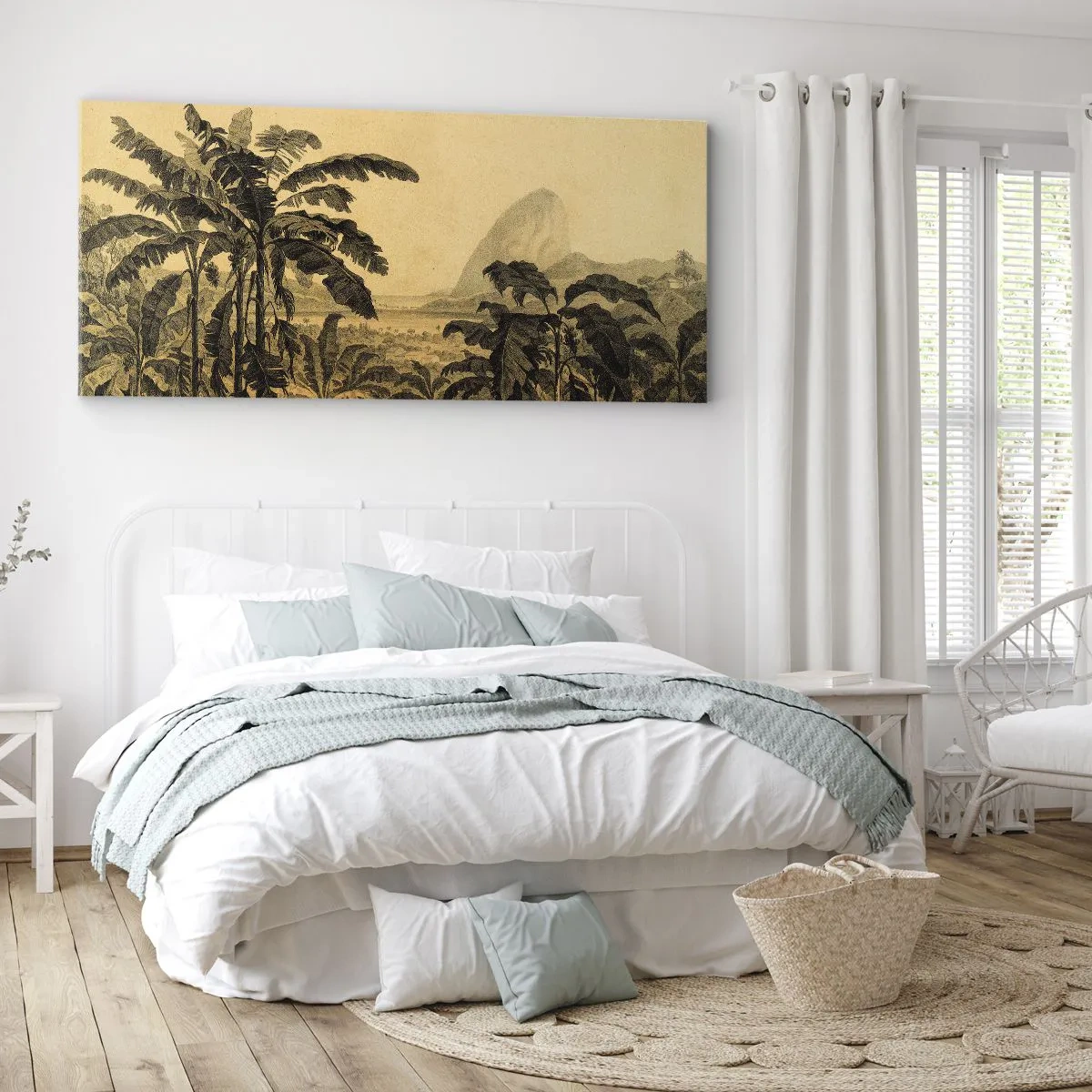 Bild auf Leinwand - Leinwandbild - Zeichnung von Bananenbäumen vor dem Hintergrund einer tropischen Landschaft - 160x50cm - in einem kolonialen Klima - Moderne Wanddekoration für Wohnzimmer und Schlafzimmer ARTTOR