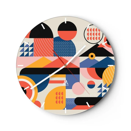 Wanduhr - Glasuhr - Bunte geometrische Abstraktion im Retro-Stil - 30x30cm - Komposition: Na, los, spiel! - Moderne Wanddekoration für Wohnzimmer, Küche und Schlafzimmer ARTTOR