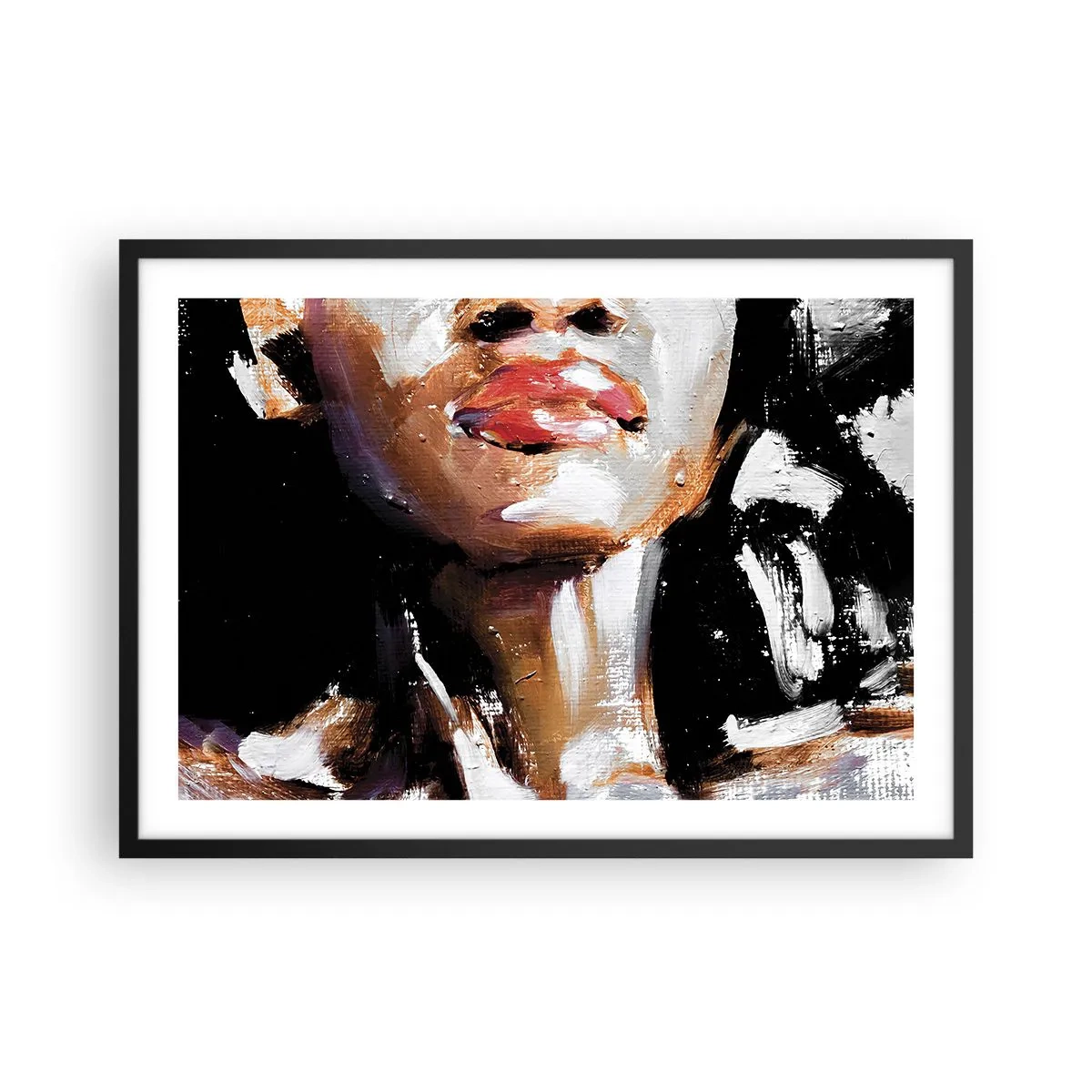 Poster in einem schwarzem Rahmen - Porträt einer Frau in ausdrucksstarkem malerischem Stil vor dunklem Hintergrund - 70x50cm - Stolz ohne Vorurteile - Moderne Wanddekoration für Wohnzimmer und Schlafzimmer ARTTOR