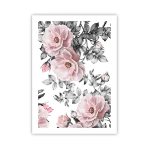 Poster - Rosa Rosen vor einem Hintergrund aus schwarzen und weißen Blättern - 50x70cm - Verliere dich in den Blüten der Rosen - Moderne Wanddekoration für Wohnzimmer und Schlafzimmer ARTTOR