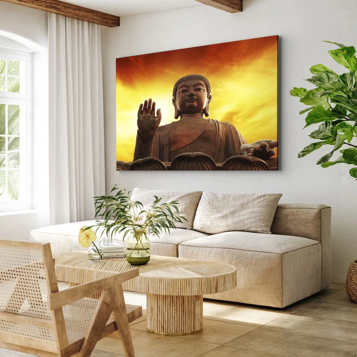 Bild auf Leinwand - Leinwandbild - Eine Buddha-Statue vor einem goldenen Sonnenuntergangshimmel - 100x70cm - Frieden der Welt - Moderne Wanddekoration für Wohnzimmer und Schlafzimmer ARTTOR