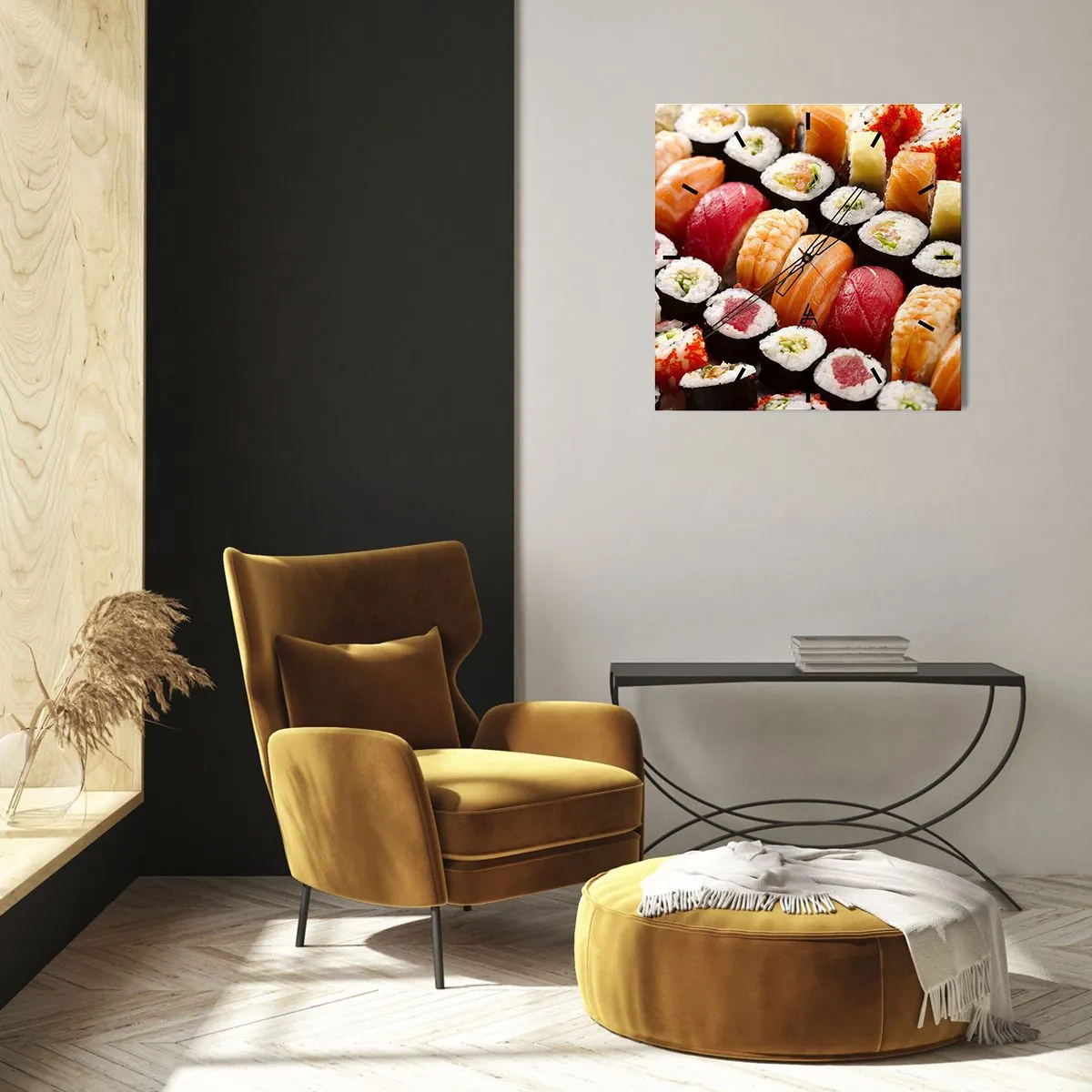 Wanduhr - Glasuhr - Buntes Sushi in Reihen angeordnet mit verschiedenen Toppings - 30x30cm - Farben und Aromen Asiens - Moderne Wanddekoration für Wohnzimmer und Schlafzimmer ARTTOR