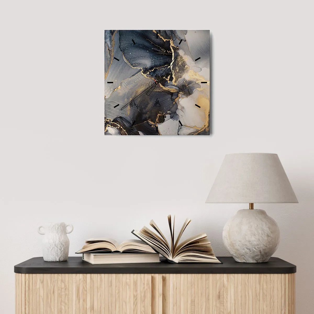 Wanduhr - Glasuhr - Abstraktes Gold und Grau auf Leinwand - 30x30cm - Leben aus Stein - Moderne Wanddekoration für Wohnzimmer und Schlafzimmer ARTTOR