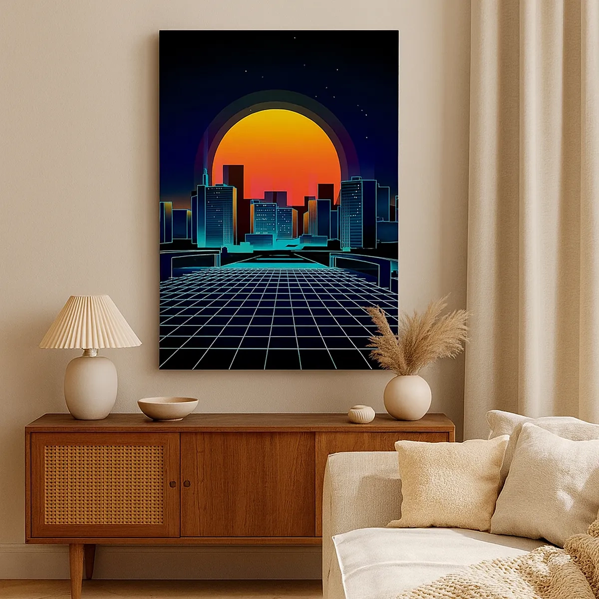 Bild auf Leinwand - Leinwandbild - Futuristische Skyline im Neon-Stil - 50x70cm - Willst du immer noch zu Real gehen? - Moderne Wanddekoration für Wohnzimmer und Schlafzimmer ARTTOR