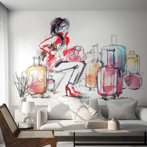 Fototapete Premium Sand - Setzen wir uns vor der Reise hin - Frau, Reise, Koffer - 200x140 cm