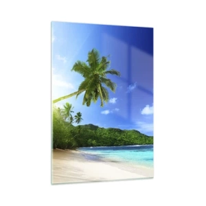 Glasbild - Bild auf glas - Tropischer Strand mit Palmen und kristallklarem Wasser - 50x70cm - Die sanfte Berührung der Tropen - Moderne Wanddekoration für Wohnzimmer und Schlafzimmer ARTTOR