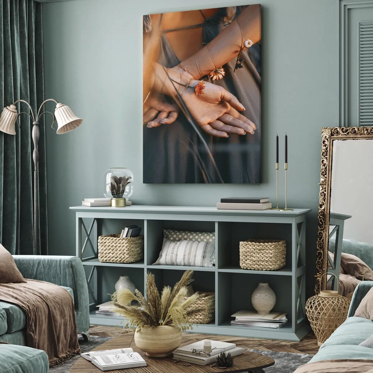 Bild auf Leinwand - Leinwandbild - Sinnliche Hände mit Blumen in einer natürlichen Umgebung - 50x70cm - Verbunden mit der Natur - Moderne Wanddekoration für Wohnzimmer und Schlafzimmer ARTTOR