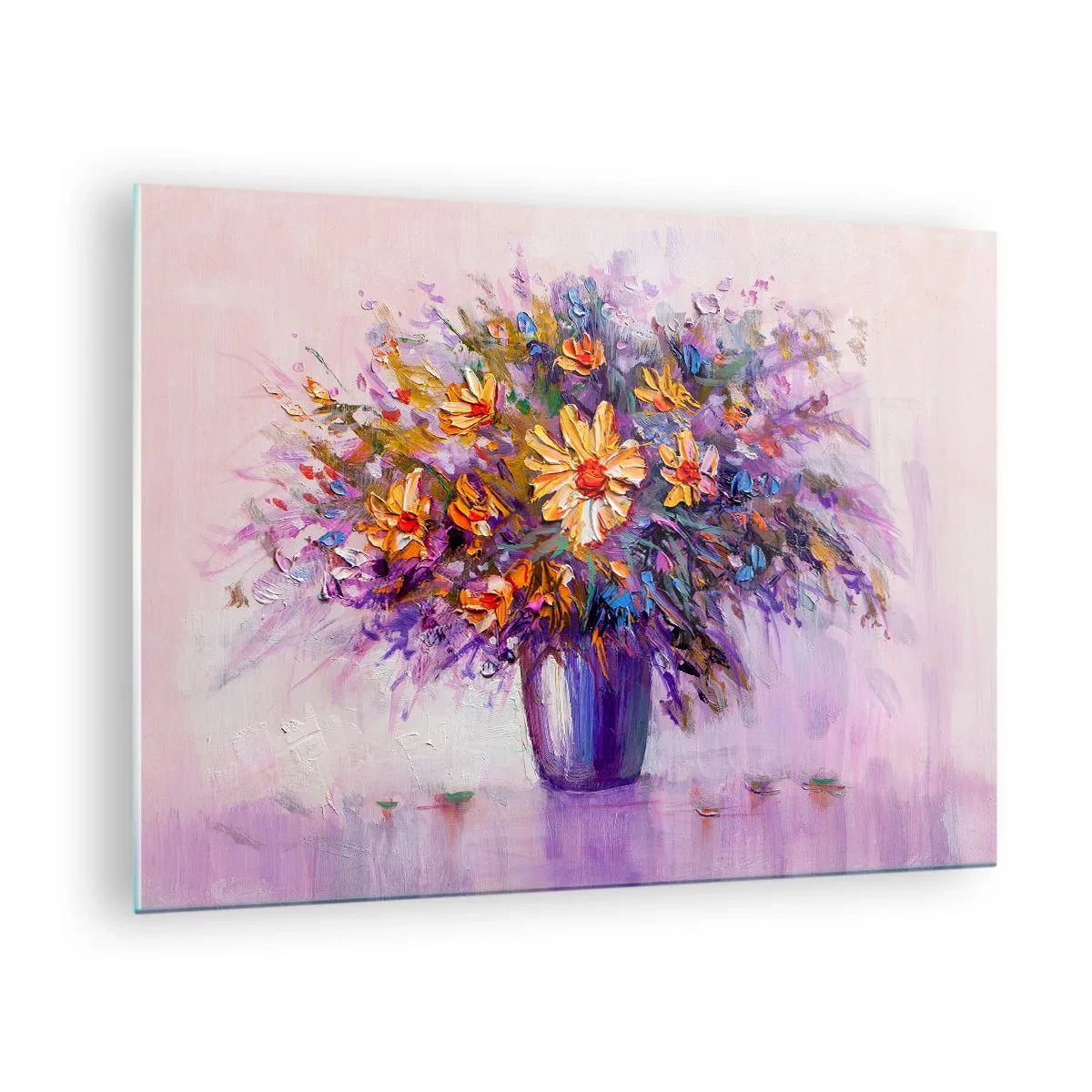 Glasbild - Bild auf glas - Ein Strauß bunter Blumen in einer Vase auf pastellfarbenem Hintergrund - 70x50cm - Es riecht süß, sieht süß aus - Moderne Wanddekoration für Wohnzimmer und Schlafzimmer ARTTOR