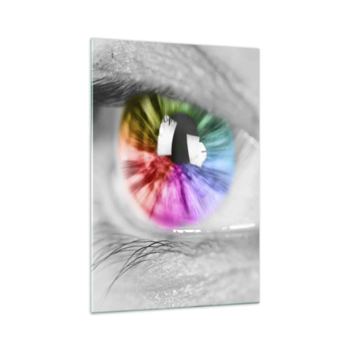 Glasbild - Bild auf glas - Künstlerische Aufnahme eines Auges mit einer Regenbogeniris auf grauem Hintergrund - 70x100cm - Schau dir die Welt in Farbe an - Moderne Wanddekoration für Wohnzimmer und Schlafzimmer ARTTOR