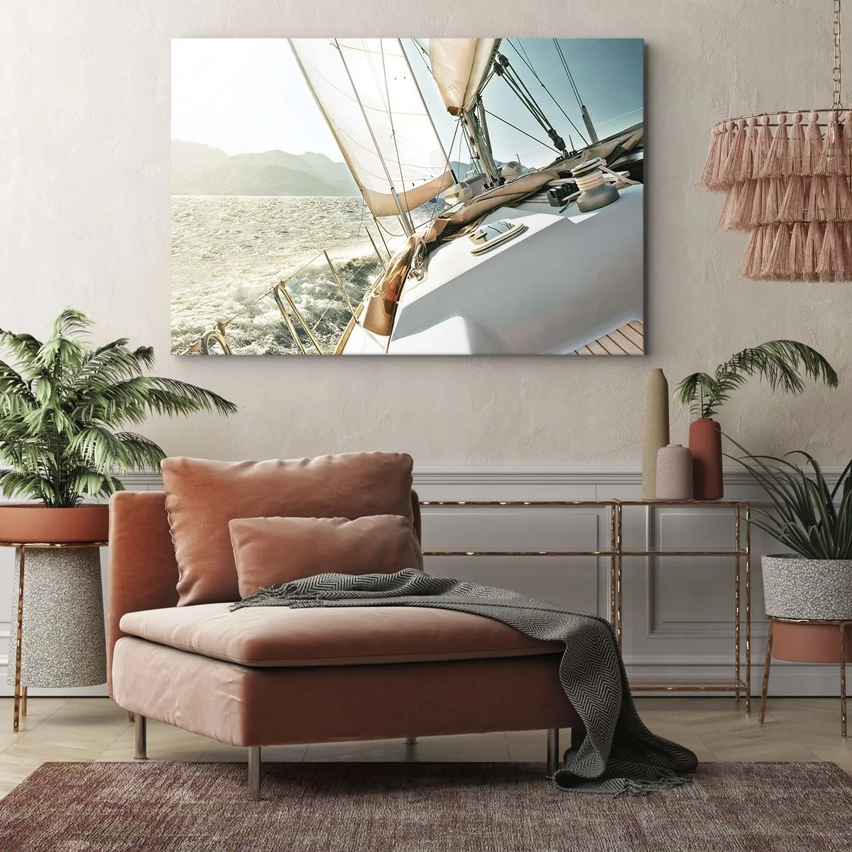 Bild auf Leinwand - Leinwandbild - Eine Yacht auf offener See mit Blick auf die Berge - 120x80cm - Unter vollen Segeln - Moderne Wanddekoration für Wohnzimmer und Schlafzimmer ARTTOR