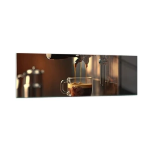 Glasbild - Bild auf glas - Kaffeemaschine mit einer Tasse aromatischem Espresso - 160x50cm - Sinnliche Mischung - Moderne Wanddekoration für Wohnzimmer und Schlafzimmer ARTTOR