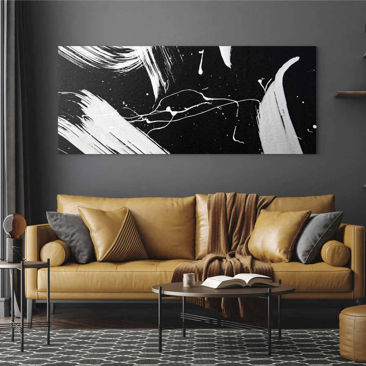 Glasbild - Bild auf glas - Abstrakte weiße Striche auf schwarzem Hintergrund - 120x50cm - Dunkelheit durchbrechen - Moderne Wanddekoration für Wohnzimmer und Schlafzimmer ARTTOR