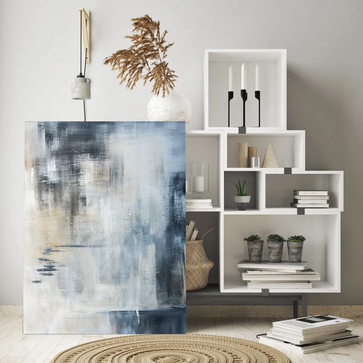 Glasbild - Bild auf glas - Abstrakte Komposition in Blau- und Grautönen - 80x120cm - Hinter dem blauen Vorhang - Moderne Wanddekoration für Wohnzimmer und Schlafzimmer ARTTOR