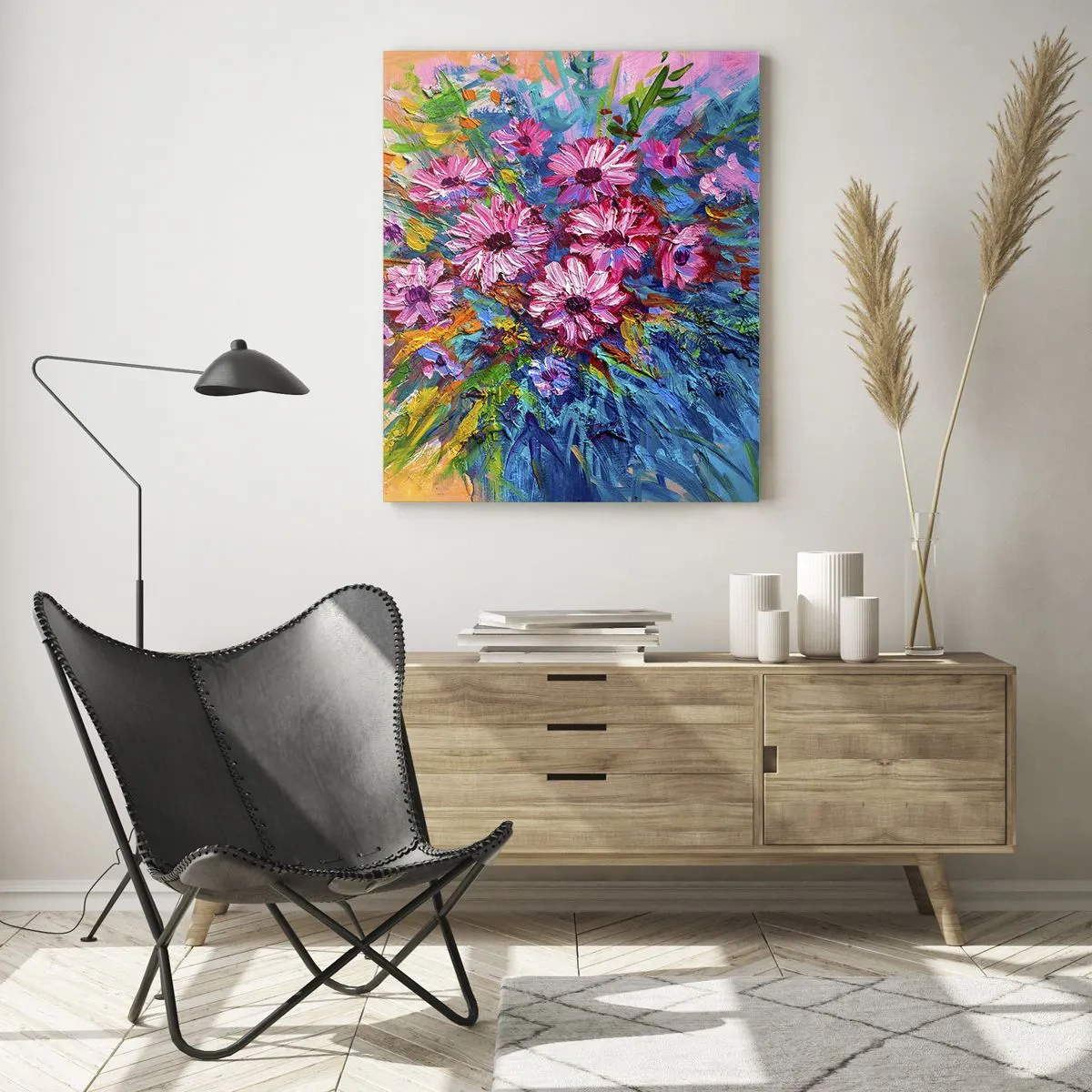 Glasbild - Bild auf glas - Bunte Blumen in einem Strauß vor pastellfarbenem Hintergrund - 70x100cm - Lebensenergie - Moderne Wanddekoration für Wohnzimmer und Schlafzimmer ARTTOR