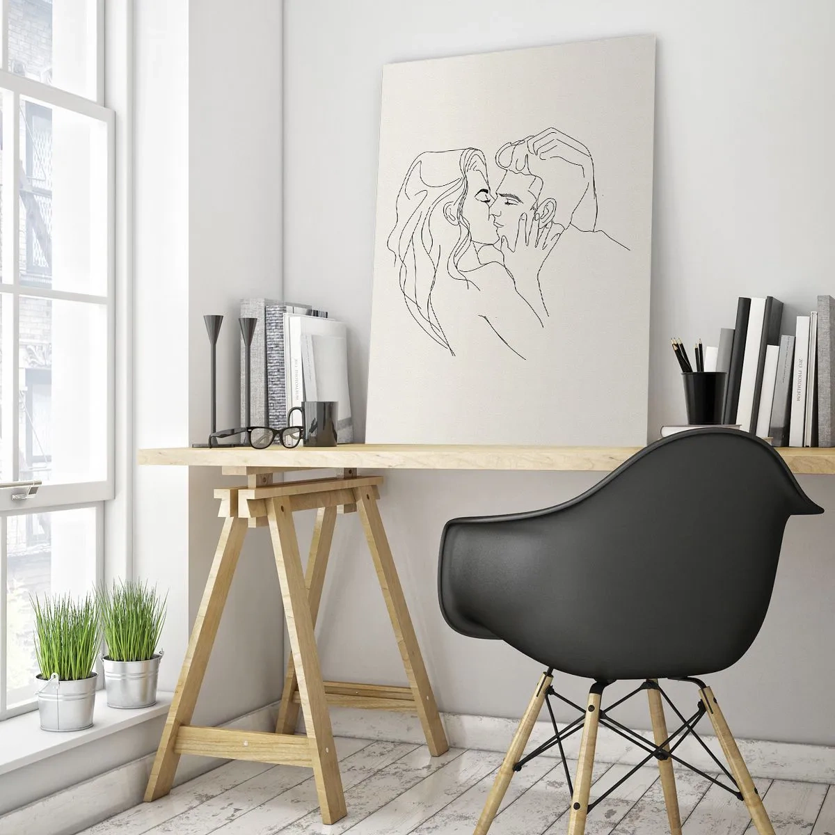 Glasbild - Bild auf glas - Eine minimalistische Illustration eines Paares in einer liebevollen Umarmung - 70x100cm - Verstrickt im Gefühl - Moderne Wanddekoration für Wohnzimmer und Schlafzimmer ARTTOR