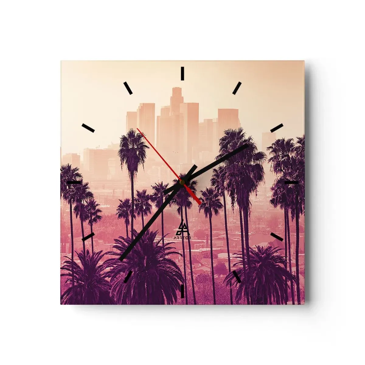Wanduhr - Glasuhr - Palmen vor der Kulisse einer urbanen Landschaft in warmen Farben - 30x30cm - Kalifornische Landschaft - Moderne Wanddekoration für Wohnzimmer und Schlafzimmer ARTTOR