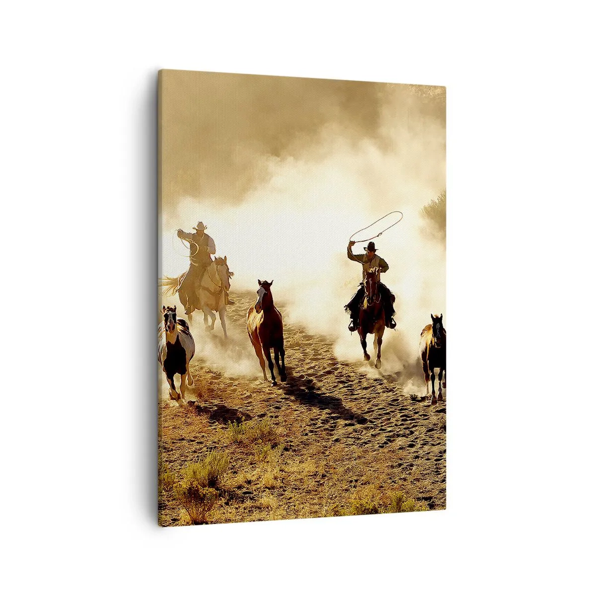 Bild auf Leinwand - Leinwandbild - Cowboys zu Pferd in Aktion im Wüstengelände - 50x70cm - Wirklich wilder Westen - Moderne Wanddekoration für Wohnzimmer und Schlafzimmer ARTTOR