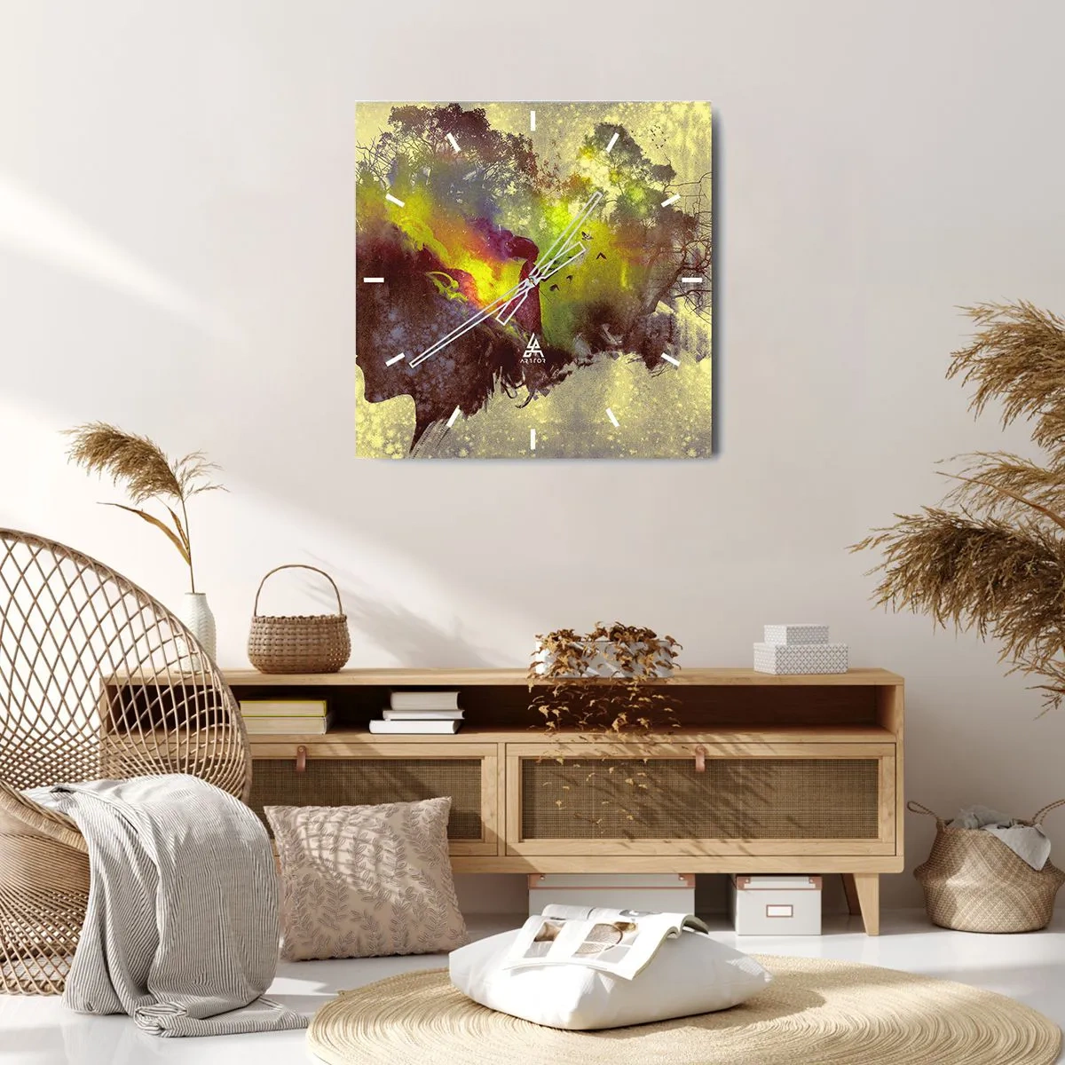 Wanduhr - Glasuhr - Künstlerische Silhouette einer Frau mit der Natur im Hintergrund - 30x30cm - Mutter Natur - Moderne Wanddekoration für Wohnzimmer und Schlafzimmer ARTTOR