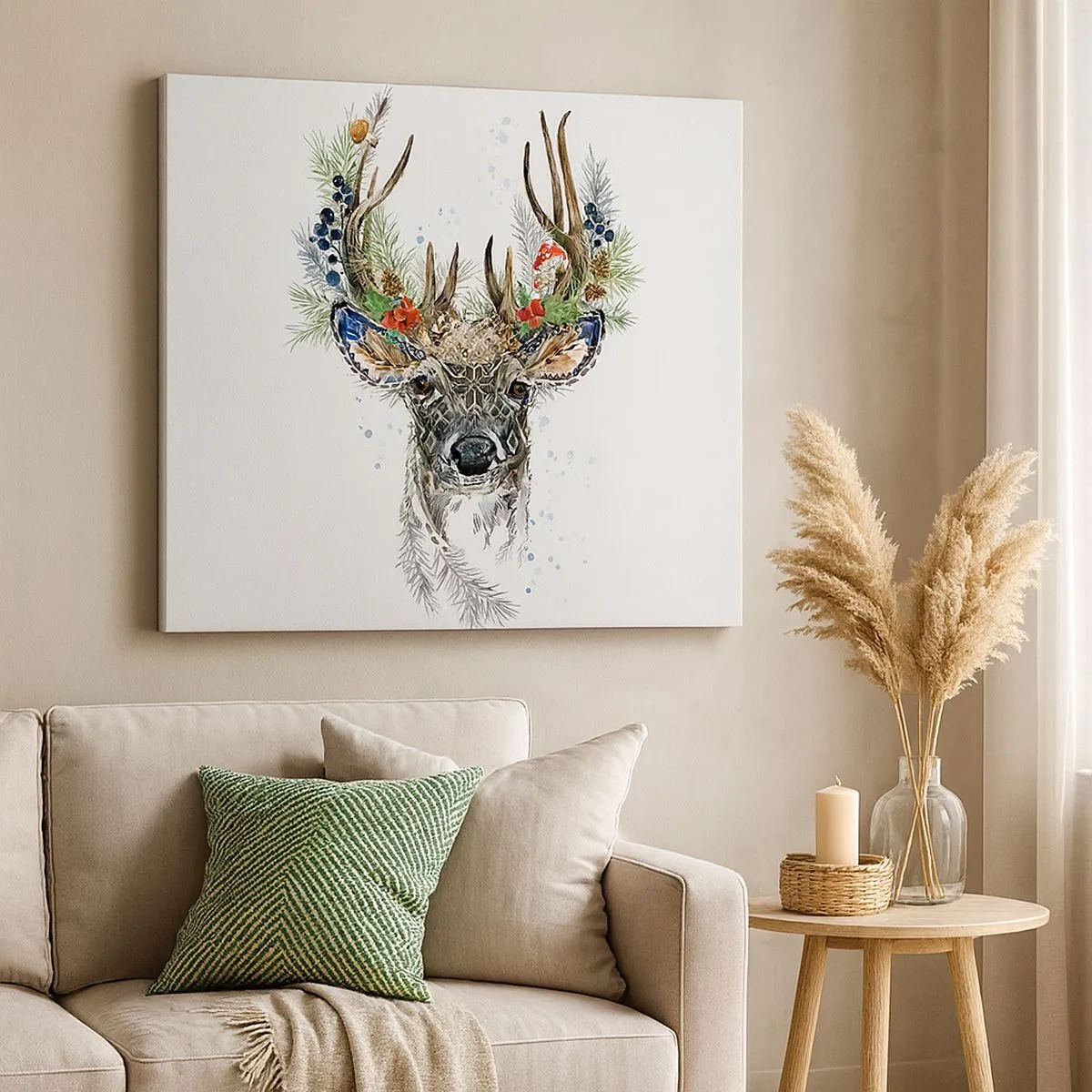 Bild auf Leinwand - Leinwandbild - Stilisierter Hirsch mit dekorativem Geweih auf weißem Hintergrund - 70x50cm - Im festlichen Gewand - Moderne Wanddekoration für Wohnzimmer und Schlafzimmer ARTTOR