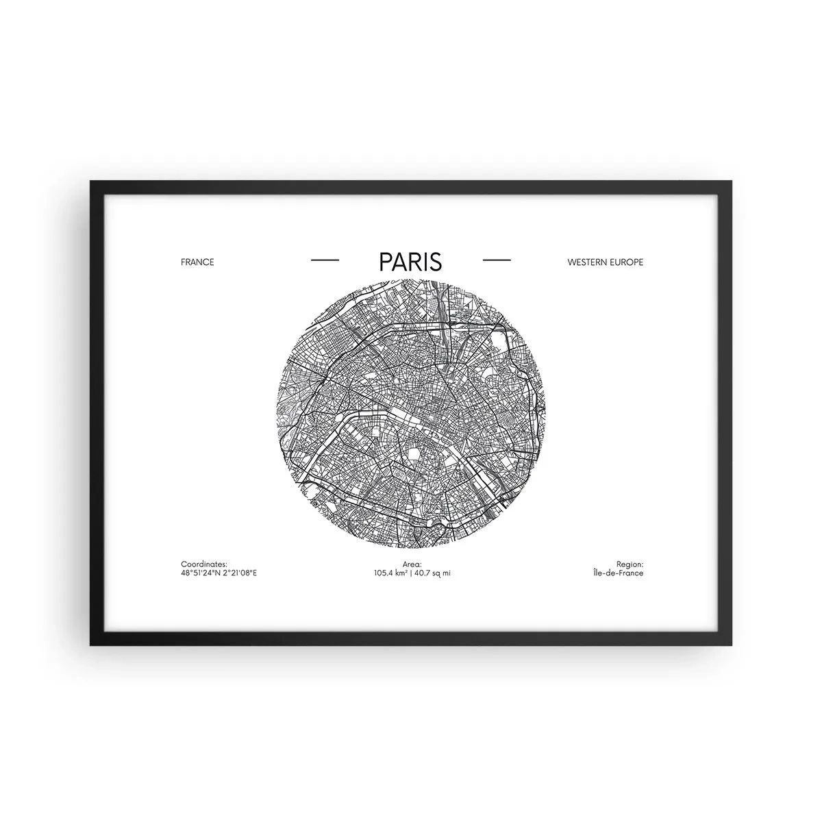 Poster in einem schwarzem Rahmen - Karte von Paris im minimalistischen Stil - 70x50cm - Anatomie von Paris - Moderne Wanddekoration für Wohnzimmer und Schlafzimmer ARTTOR