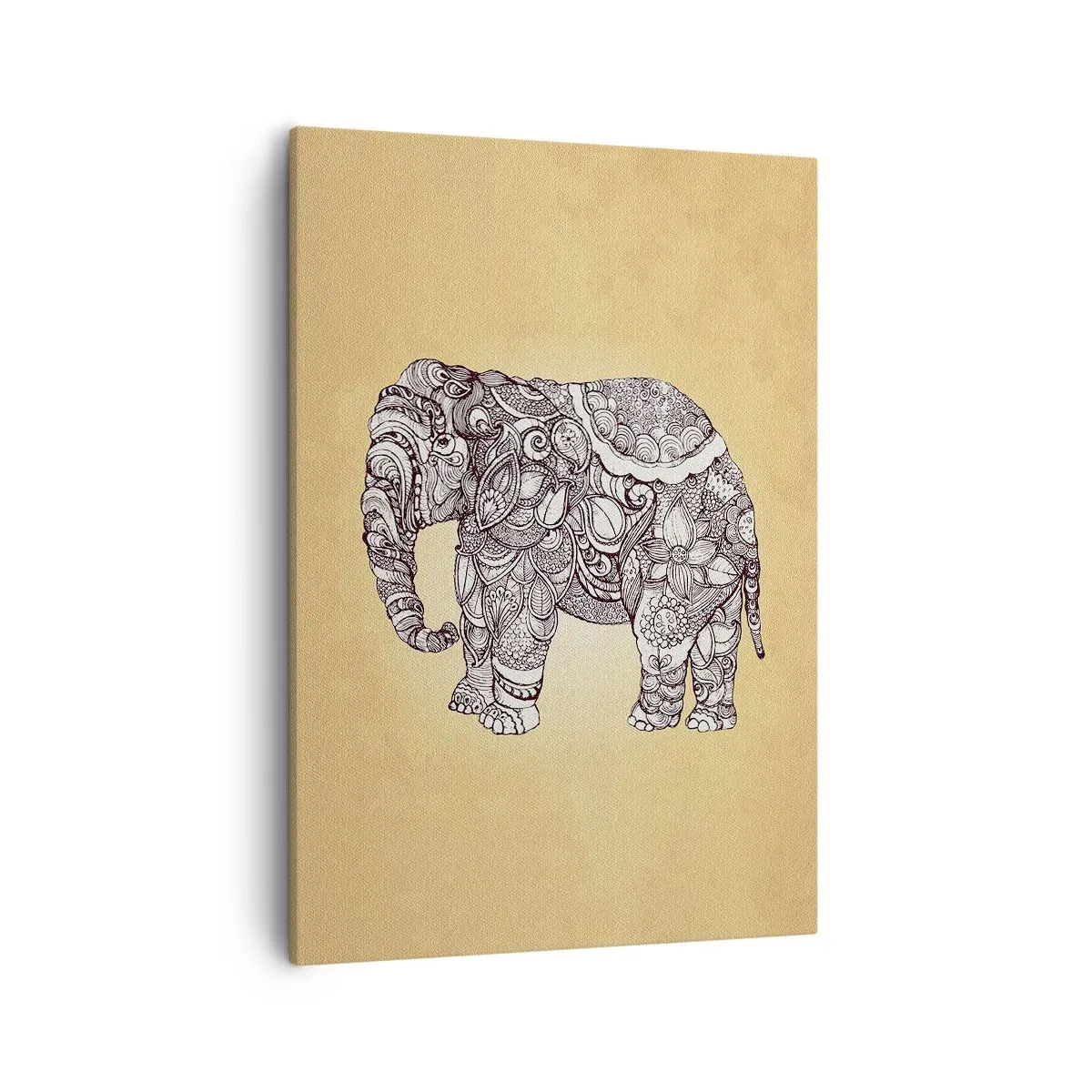 Bild auf Leinwand - Leinwandbild - Handgezeichneter Elefant mit kunstvollem Muster auf beigem Hintergrund - 50x70cm - Elefant verhüllte sich - Moderne Wanddekoration für Wohnzimmer und Schlafzimmer ARTTOR