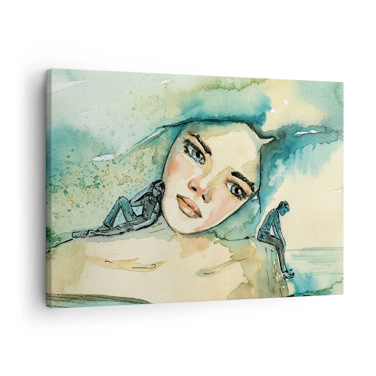 Bild auf Leinwand - Leinwandbild - Aquarell eines Frauengesichts mit reflektierendem Motiv - 70x50cm - Bin ich blau? - Moderne Wanddekoration für Wohnzimmer und Schlafzimmer ARTTOR