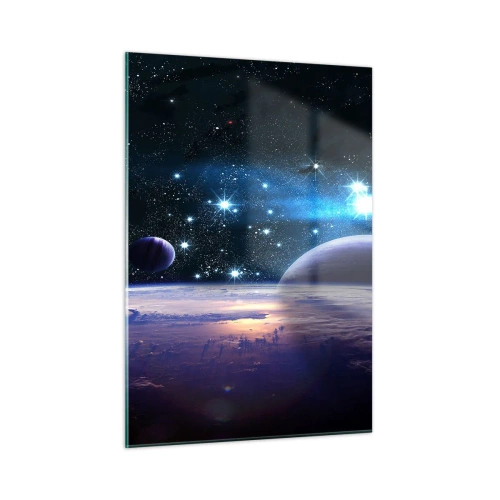 Glasbild - Bild auf glas - Eine Weltraumlandschaft mit Planeten und Sternen vor dem Hintergrund einer Galaxie. - 50x70cm - Noch allein? - Moderne Wanddekoration für Wohnzimmer und Schlafzimmer ARTTOR
