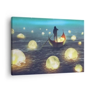 Bild auf Leinwand - Leinwandbild - Eine Figur in einem Boot, umgeben von leuchtenden Kugeln auf dem Wasser - 70x50cm - Dinge, von denen Philosophen nie geträumt haben - Moderne Wanddekoration für Wohnzimmer und Schlafzimmer ARTTOR