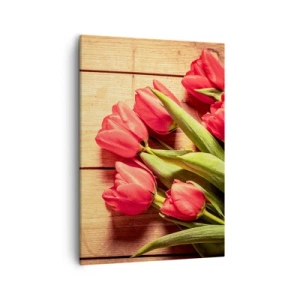 Bild auf Leinwand - Leinwandbild - Ein Strauß rosa Tulpen auf einem hölzernen Hintergrund - 50x70cm - Frühlingsgeständnis - Moderne Wanddekoration für Wohnzimmer und Schlafzimmer ARTTOR