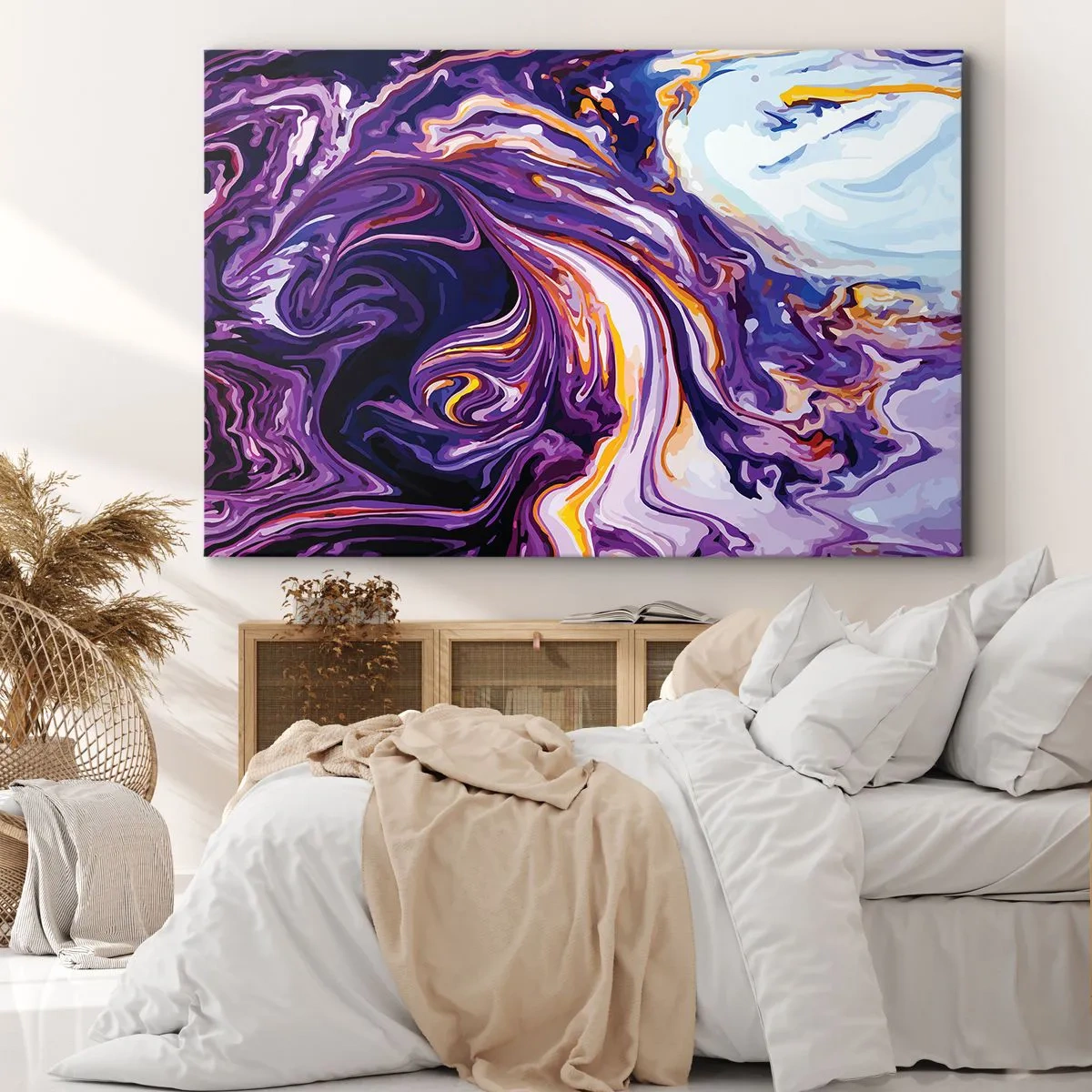 Bild auf Leinwand - Leinwandbild - Ein dynamisches abstraktes Muster in Lila- und Gelbtönen. - 70x50cm - Die Falte ist lila geworden - Moderne Wanddekoration für Wohnzimmer und Schlafzimmer ARTTOR