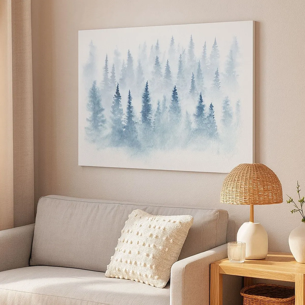Bild auf Leinwand - Leinwandbild - Nadelwälder in zartem Nebel getaucht - 70x50cm - In Nebel gehüllt - Moderne Wanddekoration für Wohnzimmer und Schlafzimmer ARTTOR