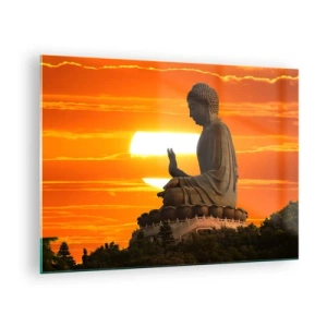 Glasbild - Bild auf glas - Buddha-Statue vor dem Hintergrund der untergehenden Sonne - 70x50cm - Keine Angst vor der Welt - Moderne Wanddekoration für Wohnzimmer und Schlafzimmer ARTTOR