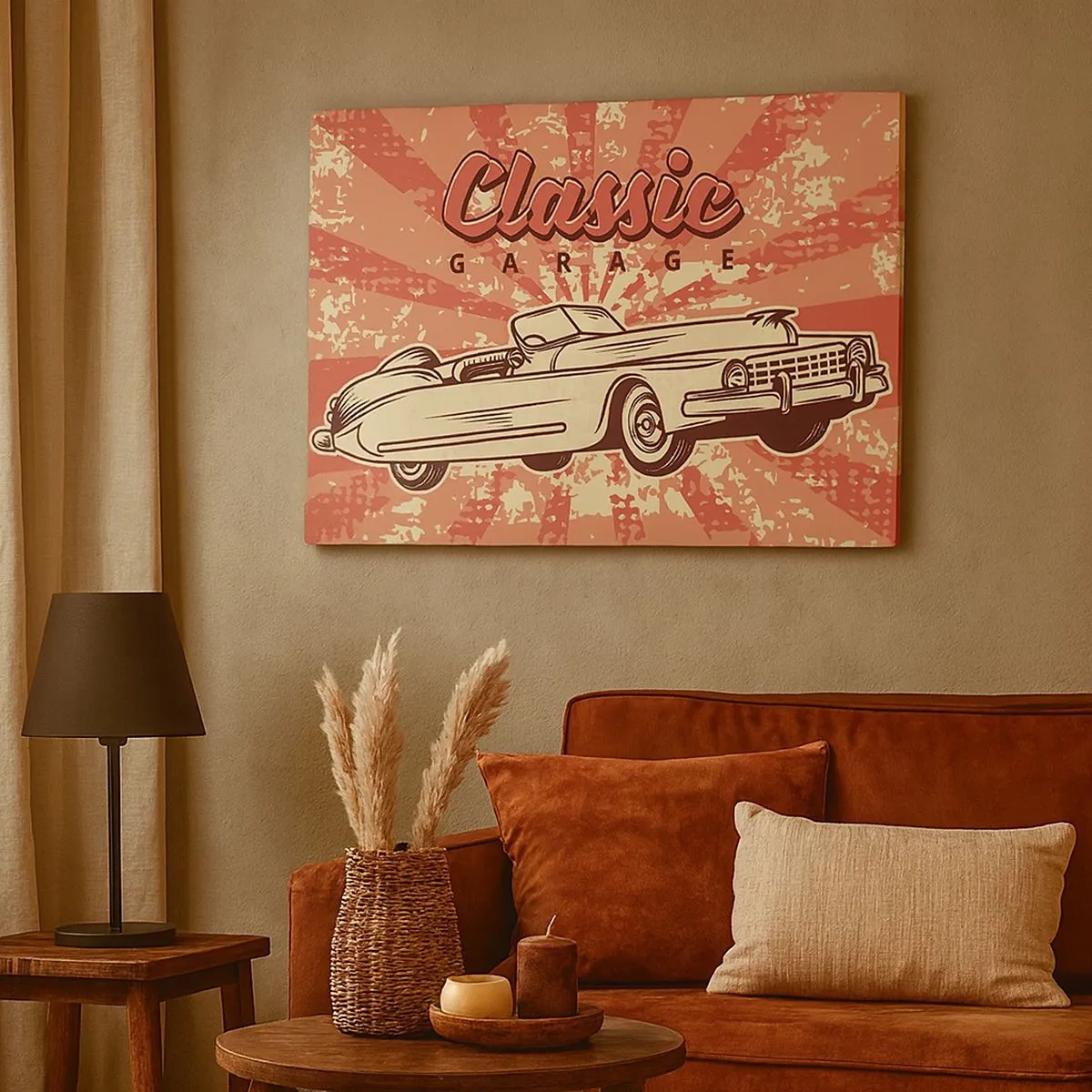 Bild auf Leinwand - Leinwandbild - Retro-Poster mit einem Oldtimer und der Aufschrift „Classic Garage“ - 70x50cm - Und im Radio, Elvis - Moderne Wanddekoration für Wohnzimmer und Schlafzimmer ARTTOR