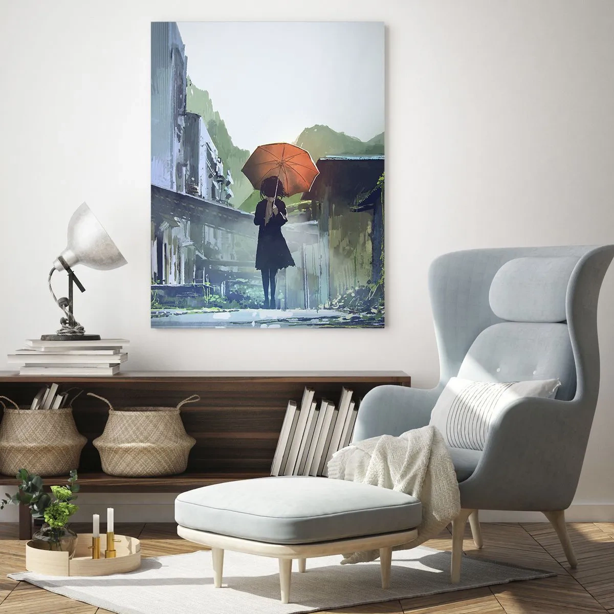 Glasbild - Bild auf glas - Eine Figur mit einem Regenschirm in einer verregneten Stadt - 70x100cm - Belebender Regen - Moderne Wanddekoration für Wohnzimmer und Schlafzimmer ARTTOR