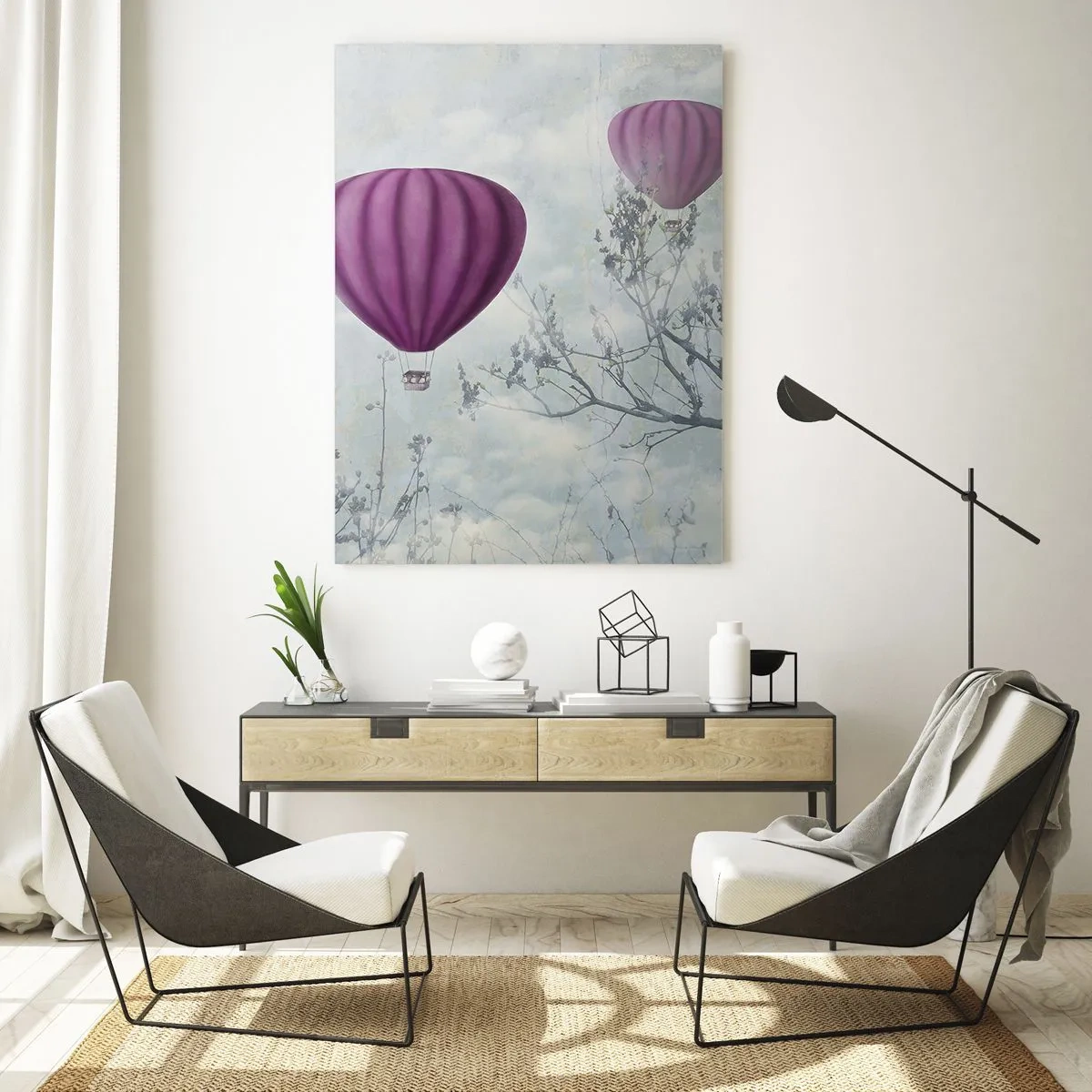 Glasbild - Bild auf glas - Lila Ballons schweben zwischen den Wolken und Ästen - 50x70cm - Wie Schiffe am Himmel - Moderne Wanddekoration für Wohnzimmer und Schlafzimmer ARTTOR