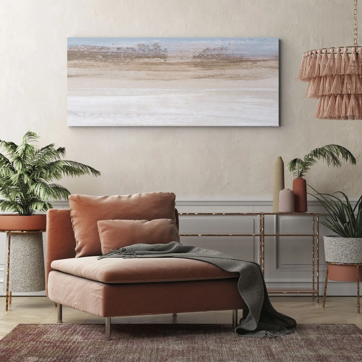 Bild auf Leinwand - Leinwandbild - Eine subtile Landschaft in Pastelltönen von Blau und Beige - 140x50cm - Mehrdeutige Landschaft - Moderne Wanddekoration für Wohnzimmer und Schlafzimmer ARTTOR