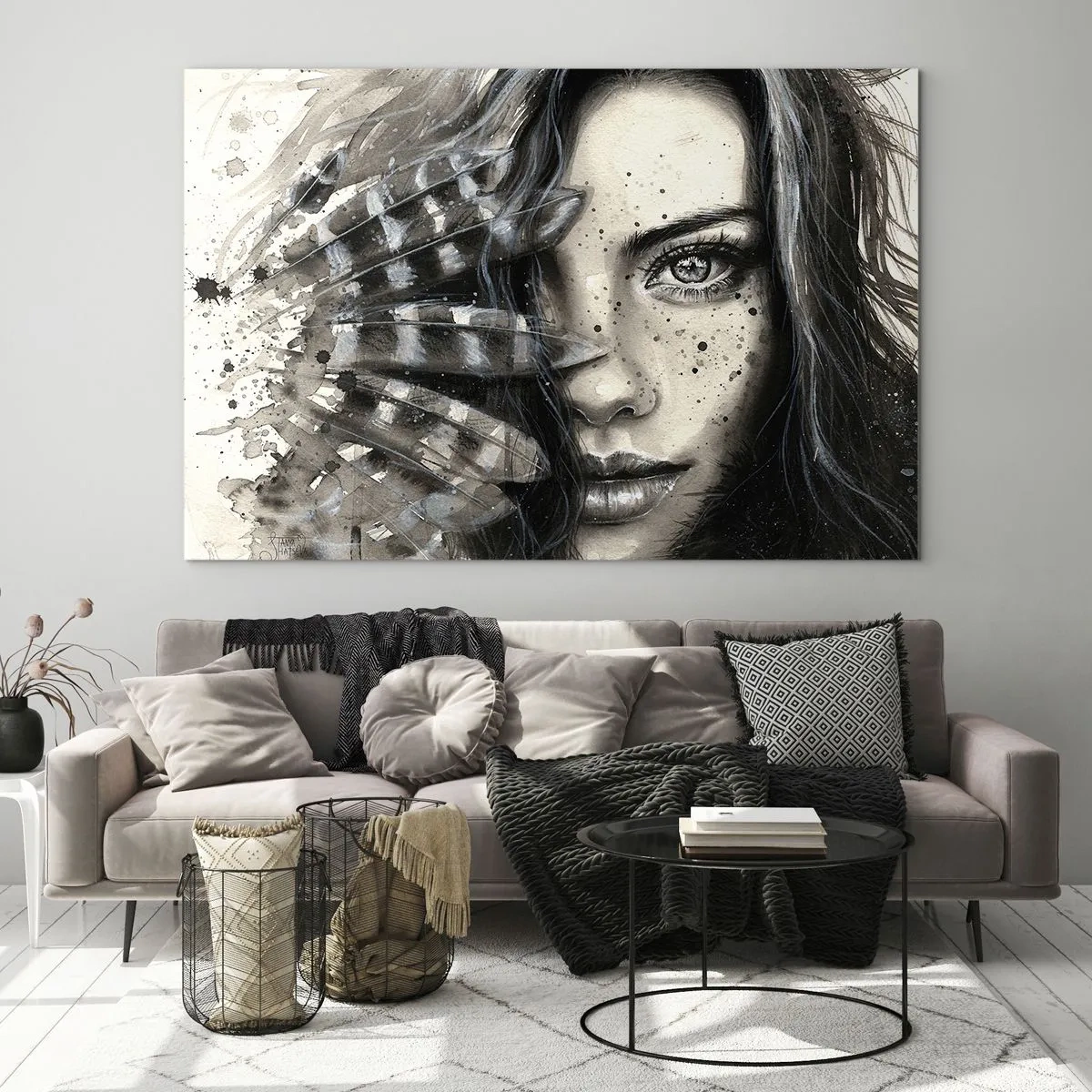 Glasbild - Bild auf glas - Porträt einer Frau mit Federn und abstrakten Details - 70x50cm - Wilde Schönheit - Moderne Wanddekoration für Wohnzimmer und Schlafzimmer ARTTOR