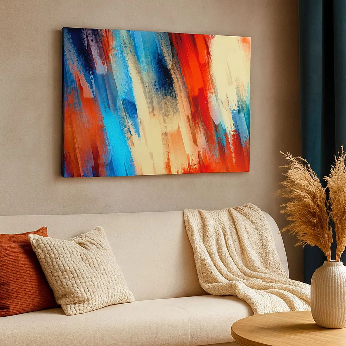 Bild auf Leinwand - Leinwandbild - Abstrakter Pinselstrich in Blau- und Orangetönen - 70x50cm - Eine Kaskade von Farben - Moderne Wanddekoration für Wohnzimmer und Schlafzimmer ARTTOR