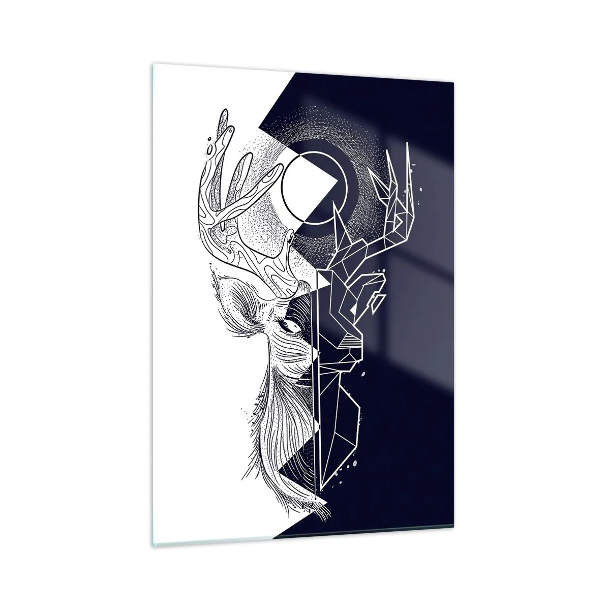 Glasbild - Bild auf glas - Geometrische Zeichnung eines Hirsches auf schwarz-weißem Hintergrund - 50x70cm - Der Kampf und die Einheit der Gegensätze - Moderne Wanddekoration für Wohnzimmer und Schlafzimmer ARTTOR