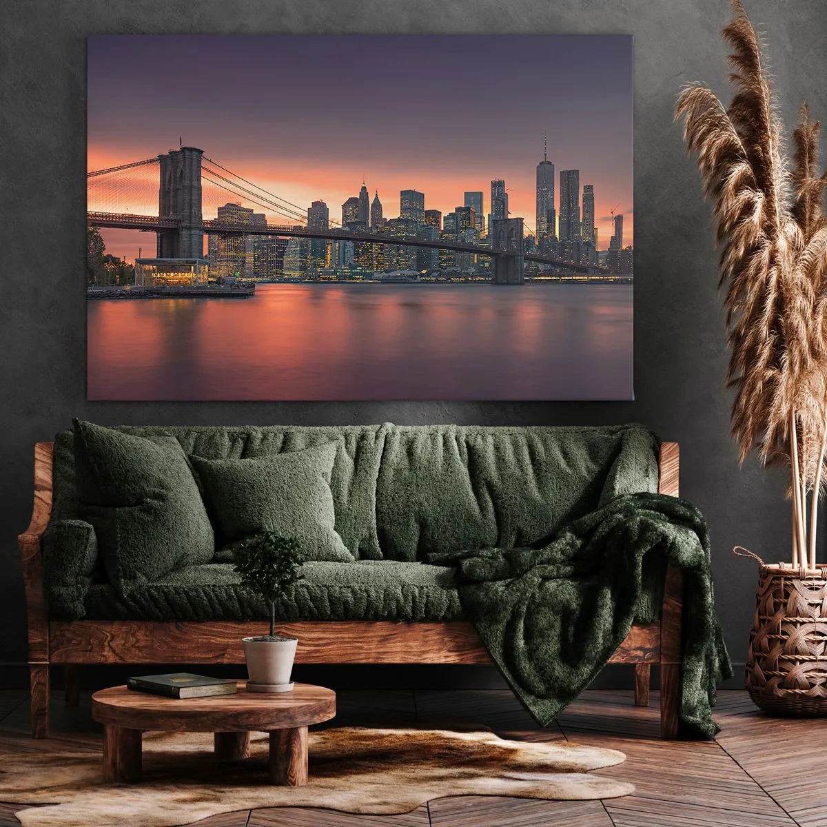 Bild auf Leinwand - Leinwandbild - Nachtpanorama der Stadt mit einer Brücke und einem beleuchteten Himmel - 70x50cm - Eingetaucht in lila Stille - Moderne Wanddekoration für Wohnzimmer und Schlafzimmer ARTTOR