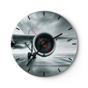 Wanduhr - Glasuhr - Blick auf das Triebwerk eines Passagierflugzeugs auf der Landebahn des Flughafens - 30x30cm - Die Macht ist da! - Moderne Wanddekoration für Wohnzimmer, Küche und Schlafzimmer ARTTOR