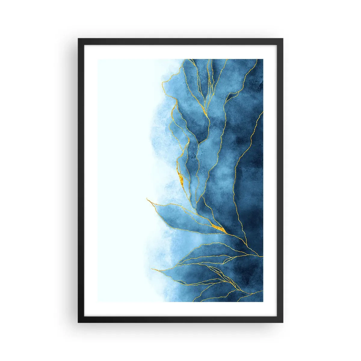 Poster in einem schwarzem Rahmen - Eine abstrakte Komposition in Blautönen mit goldenen Linien. - 50x70cm - Blau im Gold - Moderne Wanddekoration für Wohnzimmer und Schlafzimmer ARTTOR