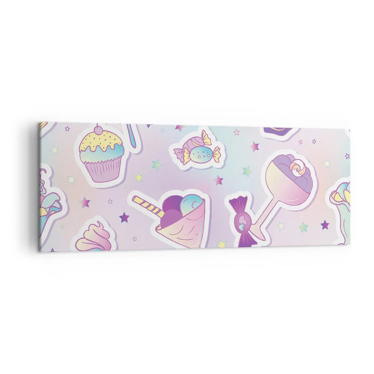 Bild auf Leinwand - Leinwandbild - Pastellmuster mit Süßigkeiten und Desserts - 140x50cm - Dass es jeden Tag ein Geburtstag wäre - Moderne Wanddekoration für Wohnzimmer und Schlafzimmer ARTTOR