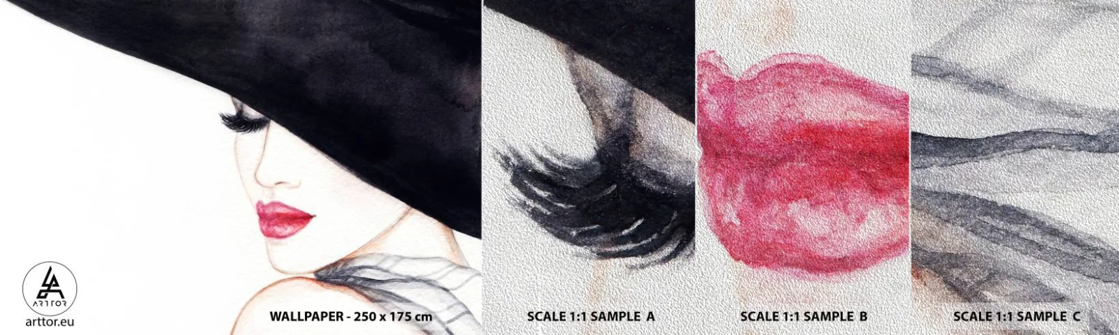 Fototapeten Muster Premium Sand - Eleganz und Sinnlichkeit - Frau, rote Lippen, Schwarzer Hut - 100x30 cm