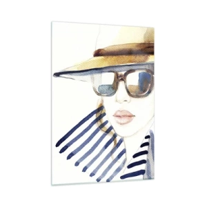 Glasbild - Bild auf glas - Stilvolle Frau mit Hut und Brille im Aquarellstil - 50x70cm - Florida heißt Sie willkommen! - Moderne Wanddekoration für Wohnzimmer und Schlafzimmer ARTTOR