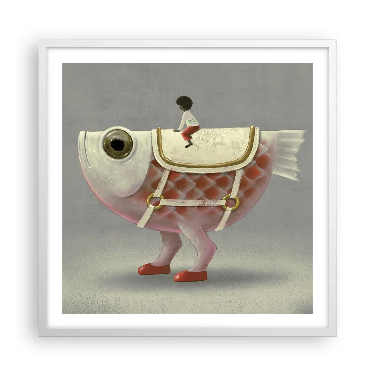 Poster in einem weißen Rahmen - Reiter auf einem surrealen Fisch - 60x60 cm