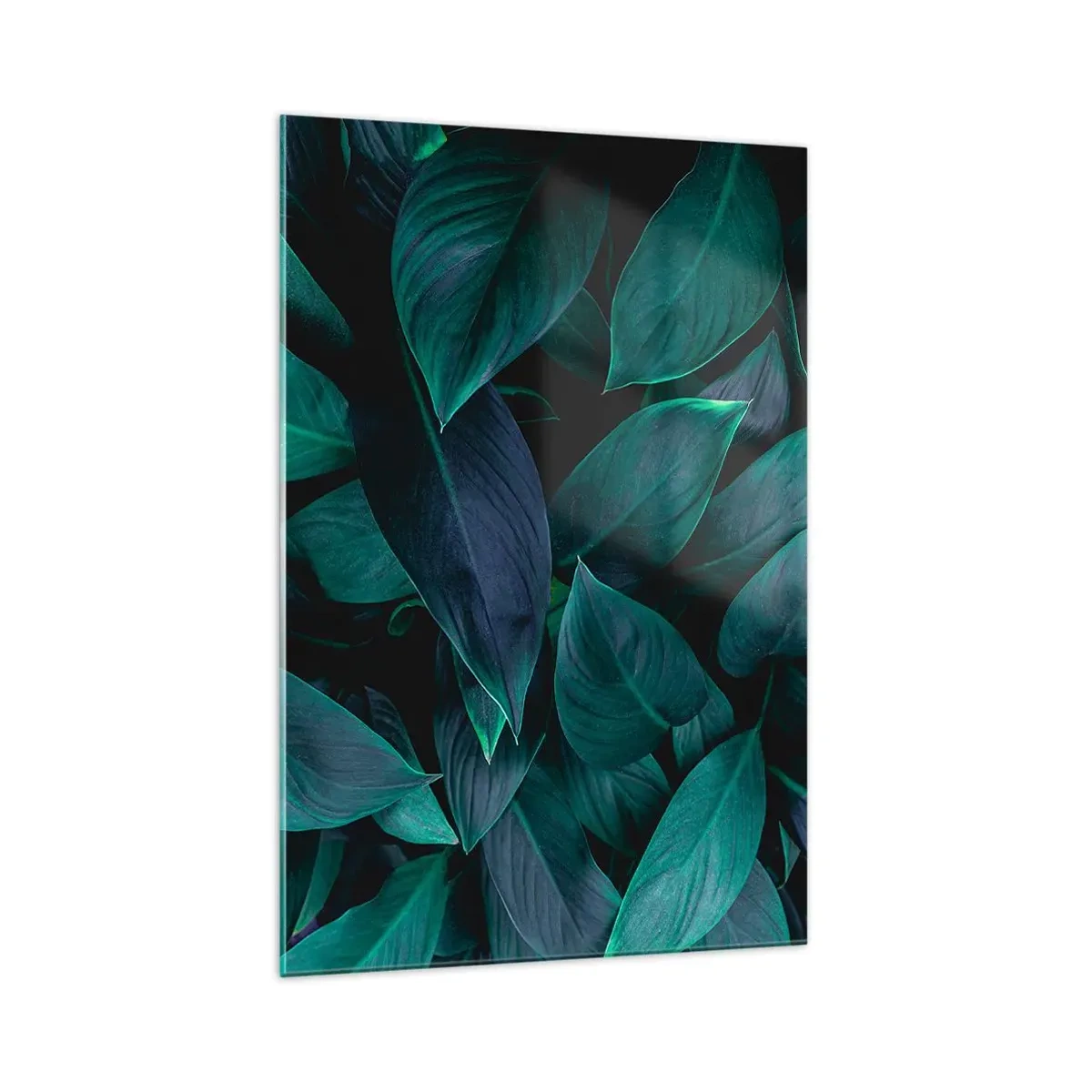 Glasbild - Bild auf glas - Nahaufnahme von grünen Blättern mit dunklem Hintergrund - 70x100cm - Grün in sich selbst - Moderne Wanddekoration für Wohnzimmer und Schlafzimmer ARTTOR